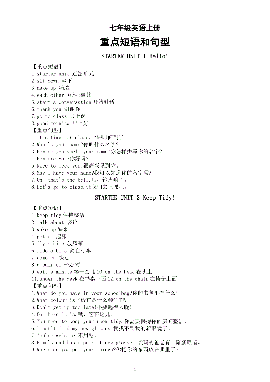 初中英语新人教版七年级上册重点短语和句型汇总（分单元编排）_第1页