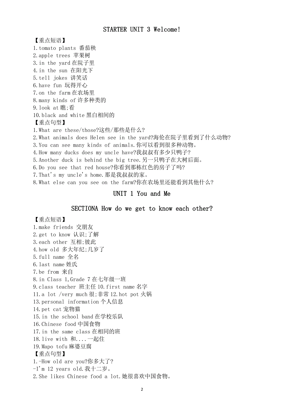 初中英语新人教版七年级上册重点短语和句型汇总（分单元编排）_第2页