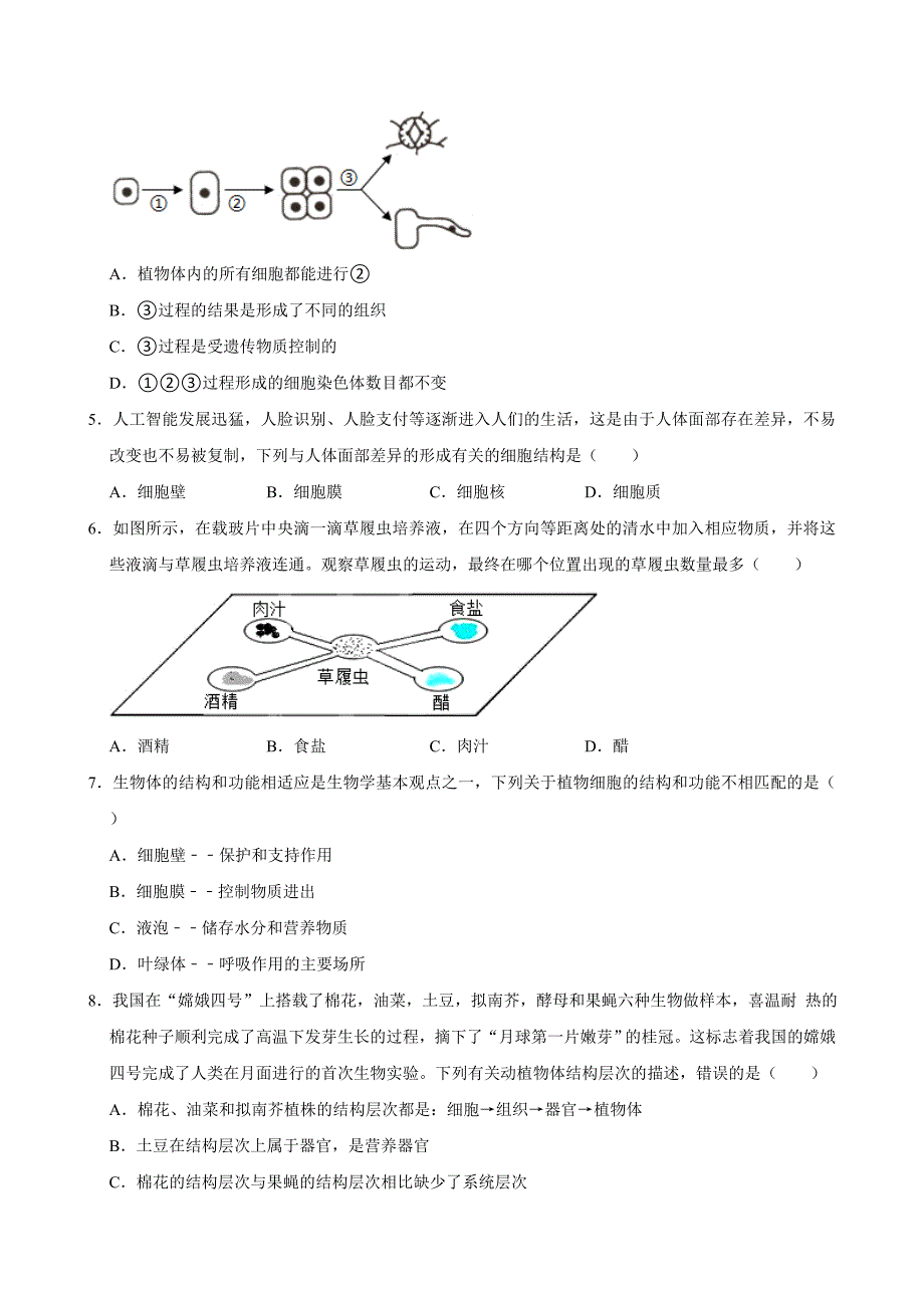 2024年新初二生物人教新版尖子生专题复习之生物体的结构层次_第2页