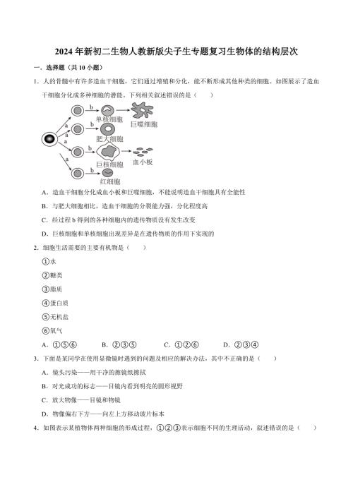 2024年新初二生物人教新版尖子生专题复习之生物体的结构层次