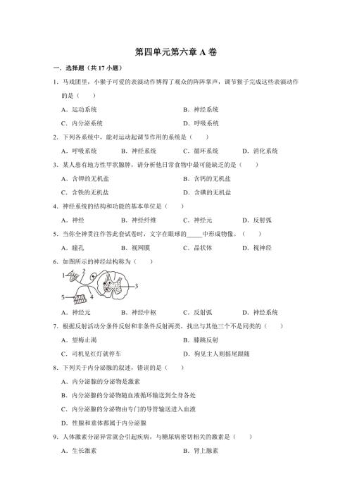 人教版七年级下册生物单元测试AB卷第四单元第六章A卷