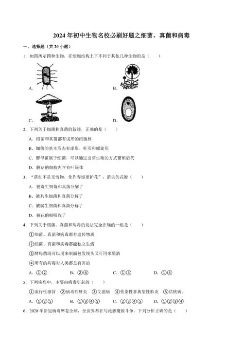 初中生物名校必刷好题之细菌、真菌和病毒