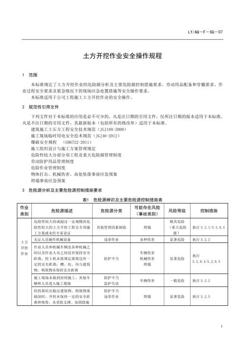 LYAQ－F－SG－07 土方开挖作业安全操作规程