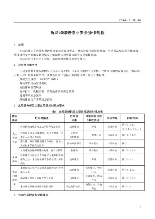 LYAQ－F－SG－06 拆除和爆破作业安全操作规程