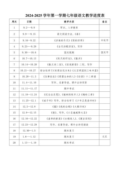 2024-2025学年第一学期七年级语文教学进度表