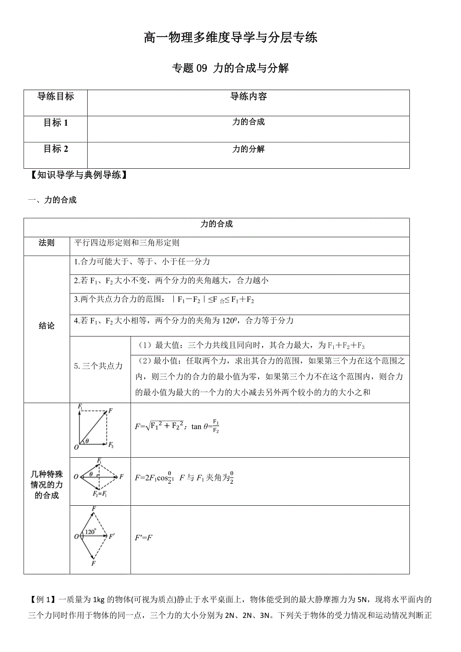 专题09 力的合成与分解（教师版）新高一物理多维度导学与分层专练_第1页