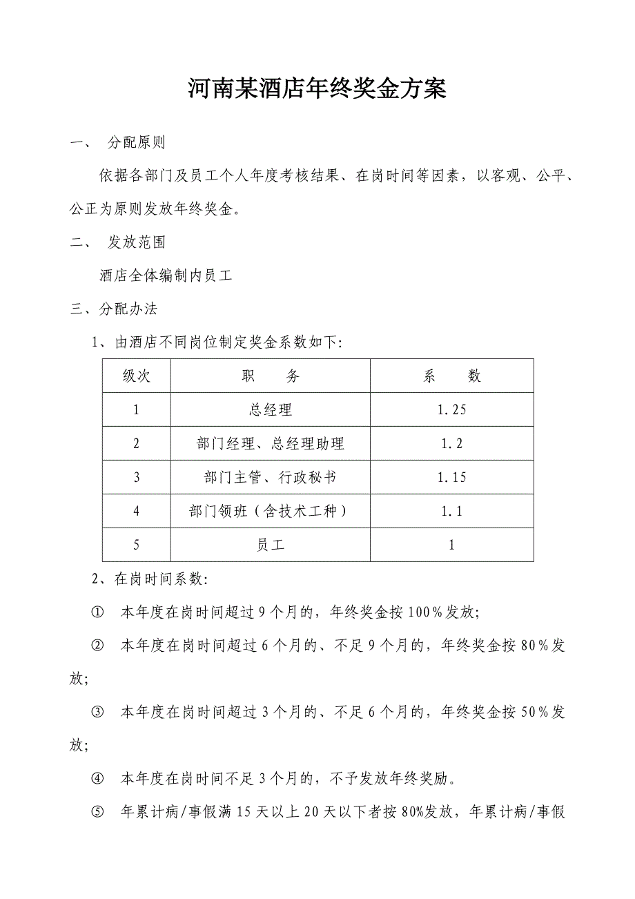 河南某酒店年终奖金方案_第1页