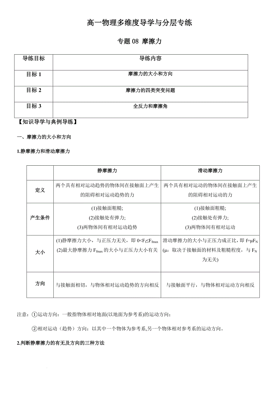 专题08 摩擦力（教师版）新高一物理多维度导学与分层专练_第1页