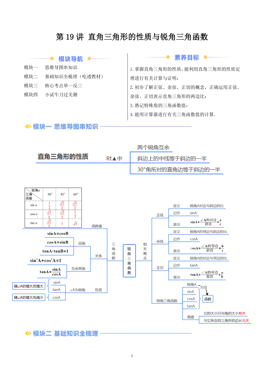 【暑假自学课】2024年新九年级数学暑假提升精品（华东师大版）第19讲 直角三角形的性质与锐角三角函数（解析版讲义）_第1页