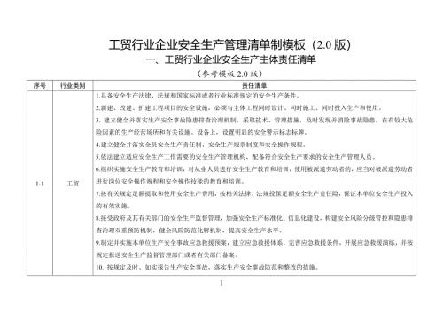 工贸行业企业安全生产管理清单制