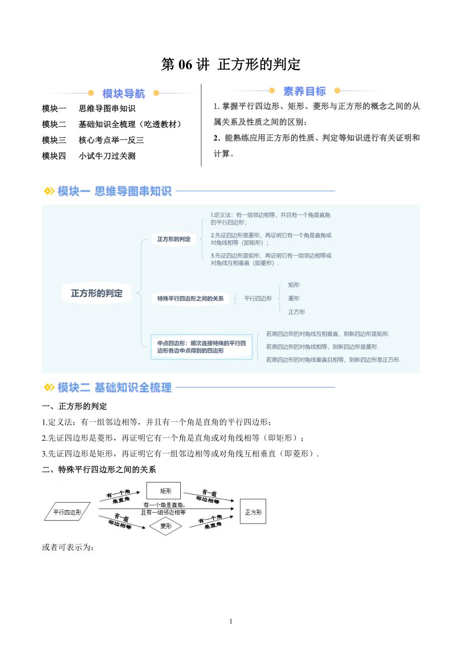 【暑假自学课】2024年新九年级数学暑假提升精品（北师大版）第06讲 正方形的判定（解析版讲义）_第1页