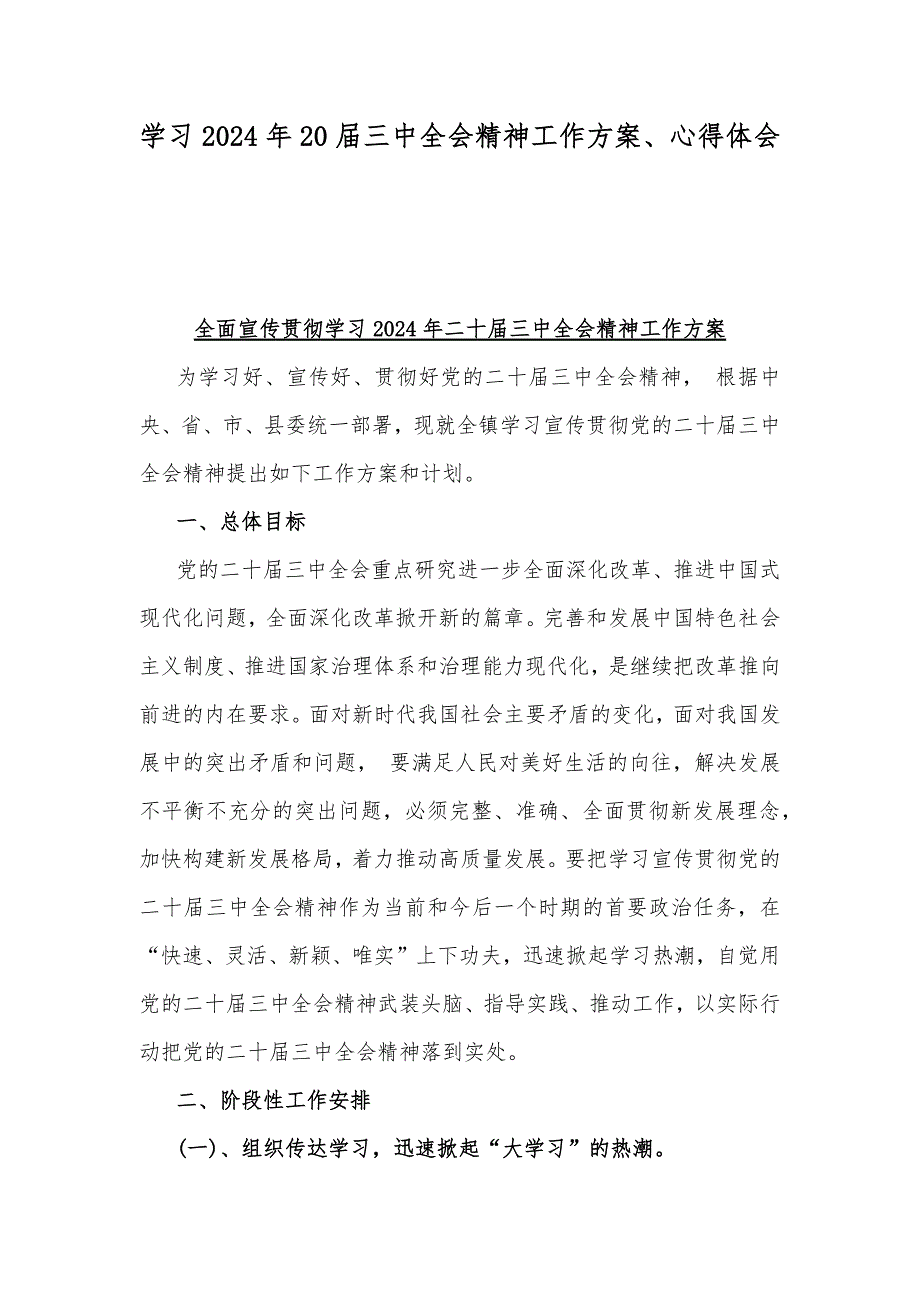 学习2024年20届三中全会精神工作方案、心得体会_第1页