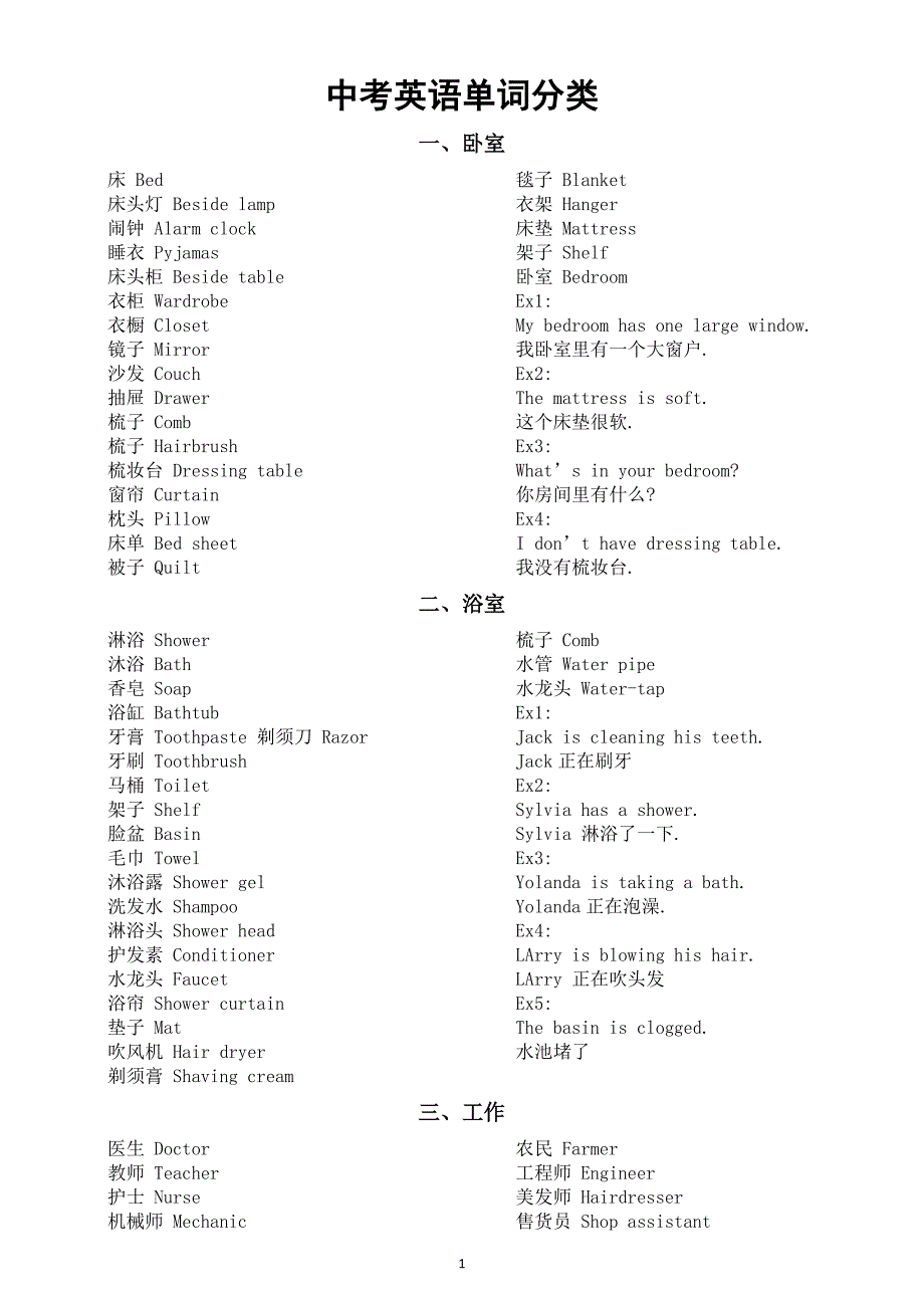 初中英语2024届中考单词分类汇总（卧室+浴室+工作+学校）_第1页