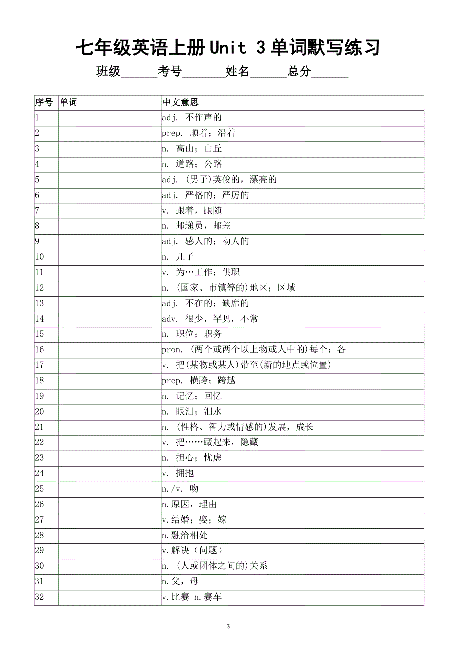 初中英语新外研版七年级上册Unit 3词汇表单词默写练习（2024秋）_第3页