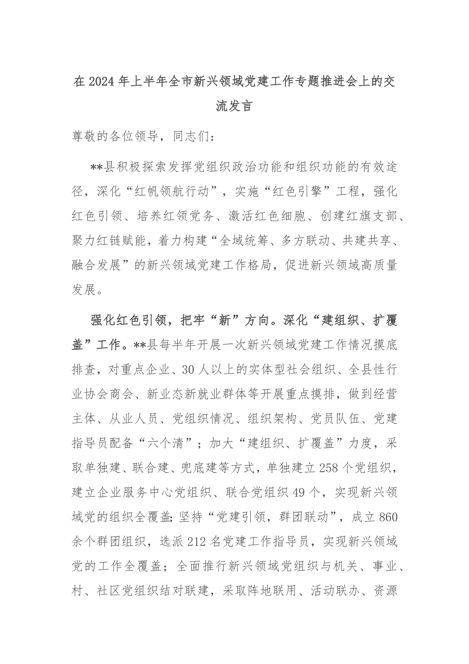 在2024年上半年全市新兴领域党建工作专题推进会上的交流发言_第1页