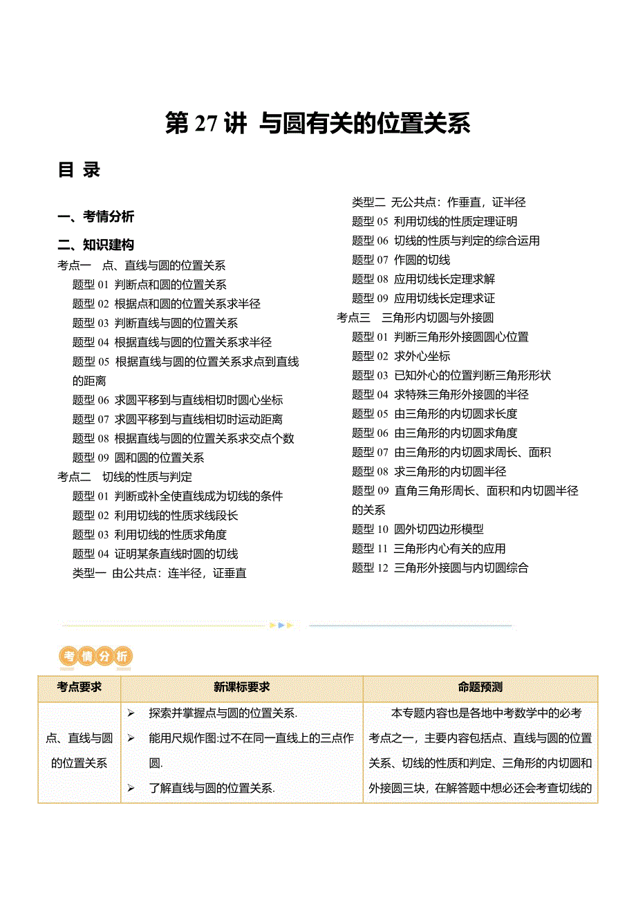 2024年中考数学复习讲义第27讲与圆有关的位置关系_第1页