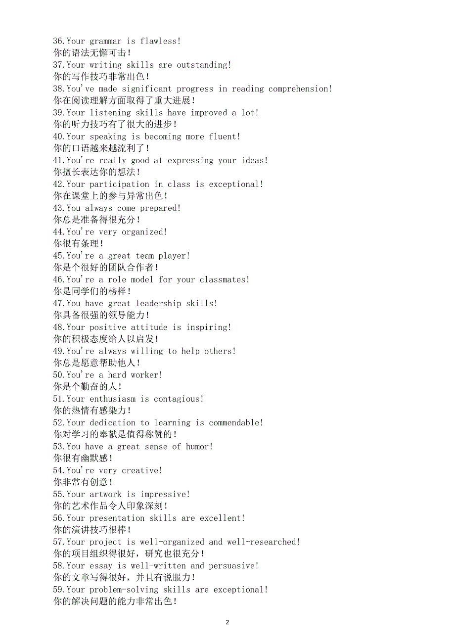 高中英语2025届高考写作表扬用语 (共100条）_第2页