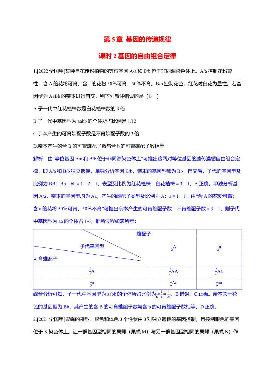 备考2025届高考生物一轮复习【强化训练】第5章课时2基因的自由组合定律_第1页