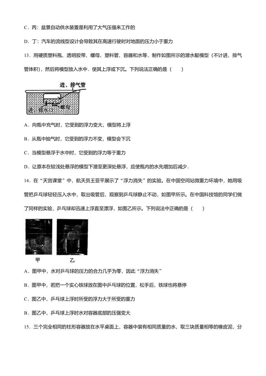 山东省济南稼轩学校2023-2024年八年级下学期物理期中模拟考试_第5页