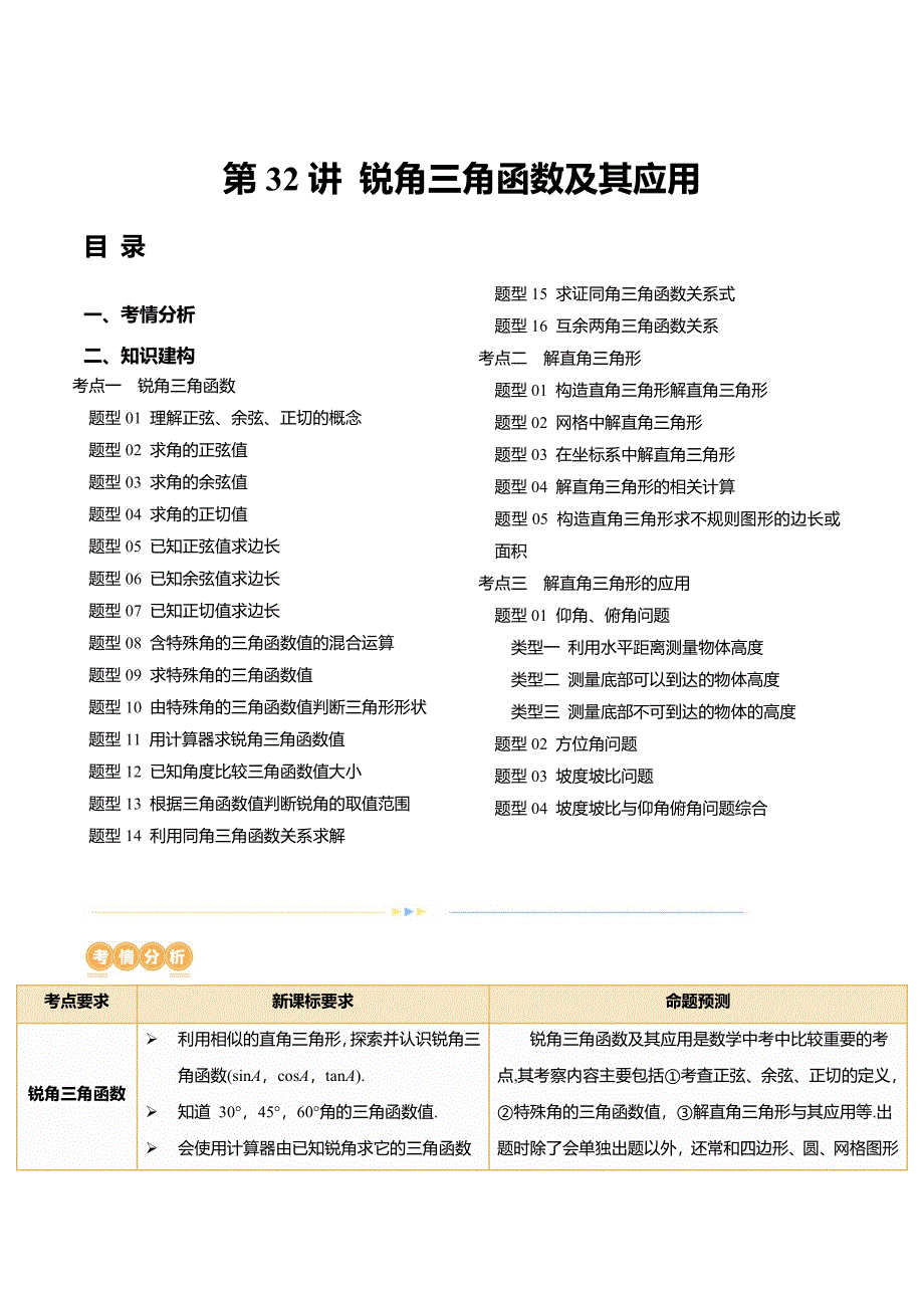 2024年中考数学复习讲义第32讲锐角三角函数及其应用_第1页