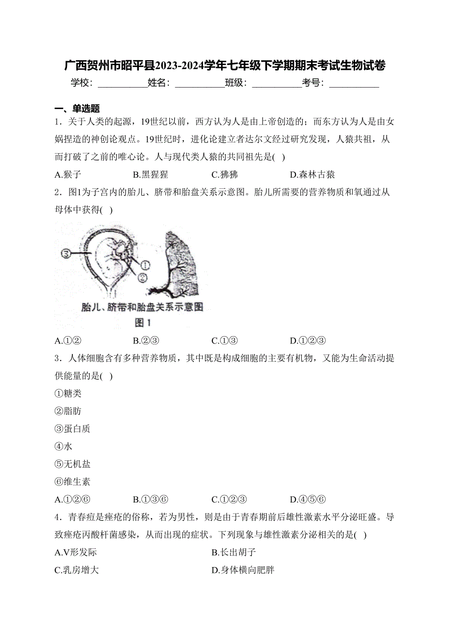 广西贺州市昭平县2023-2024学年七年级下学期期末考试生物试卷(含答案)_第1页