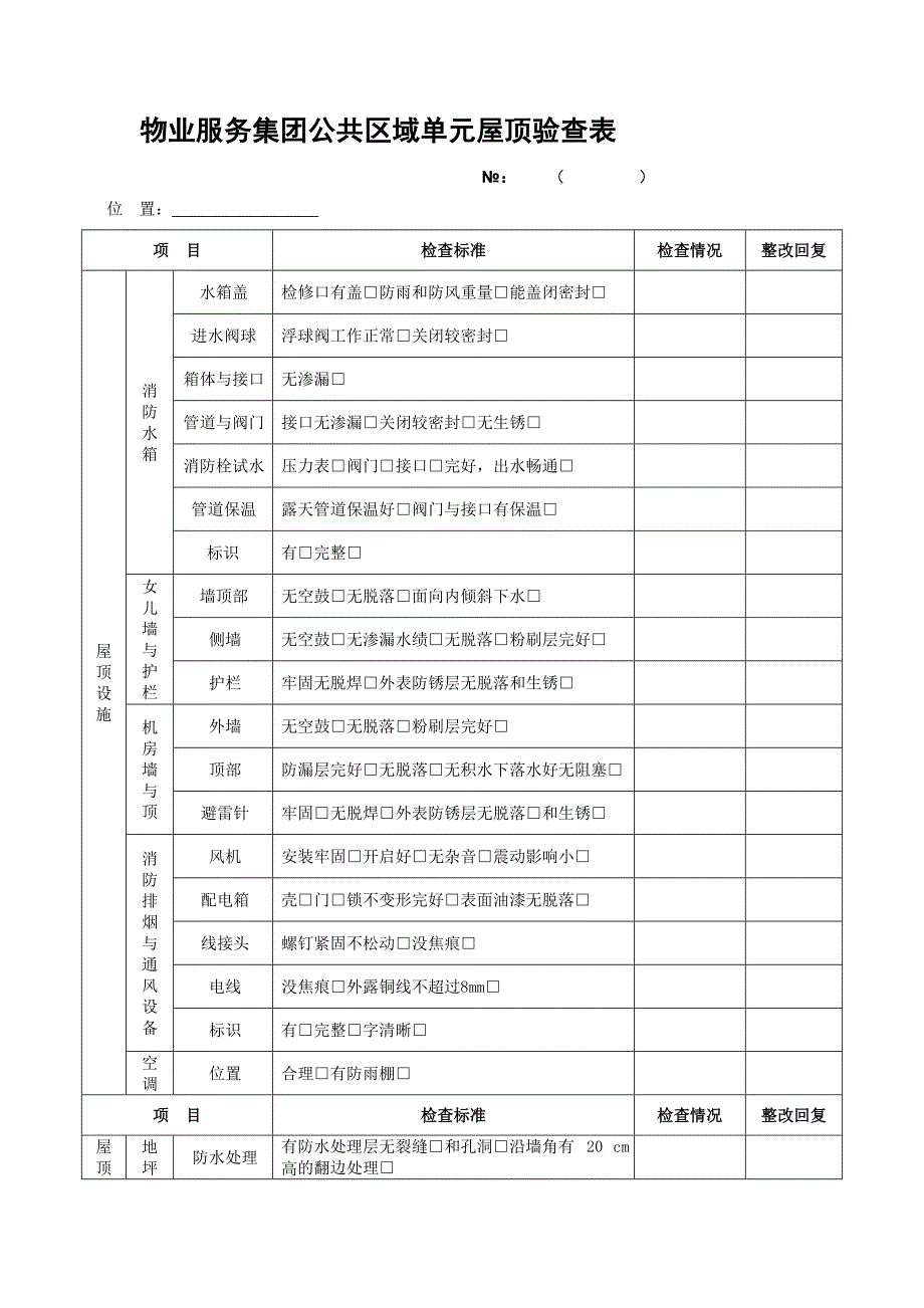 物业服务集团公共区域单元屋顶验查表_第1页