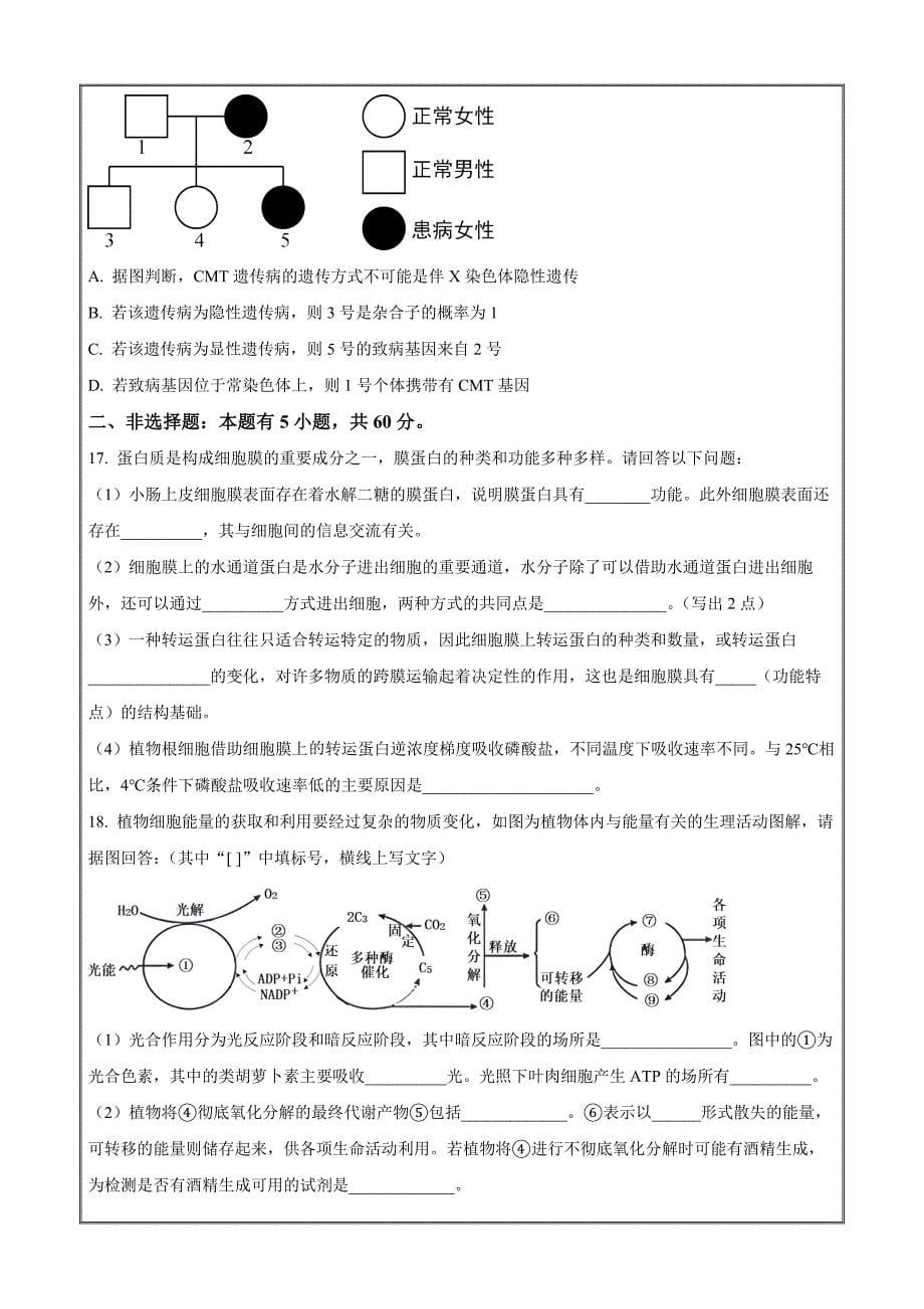 广西来宾市玉林市2023-2024学年高一下学期7月期末 生物 Word版含解析_第5页