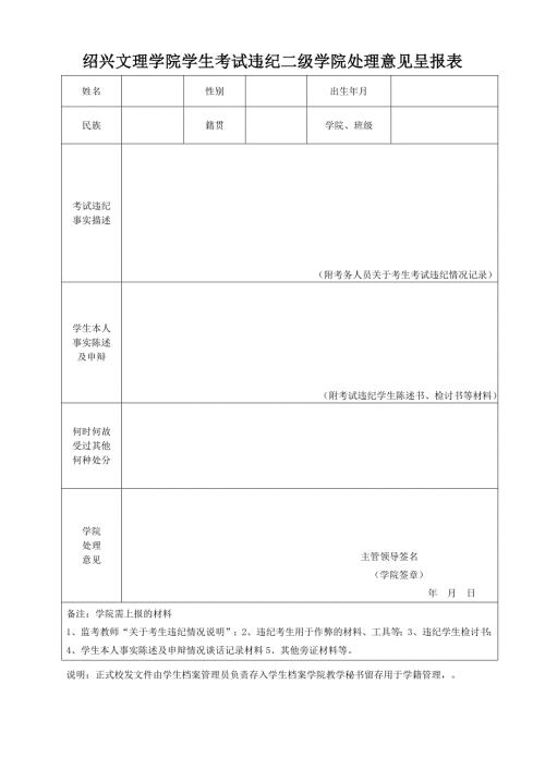 绍兴文理学院学生考试违纪二级学院处理意见呈报表