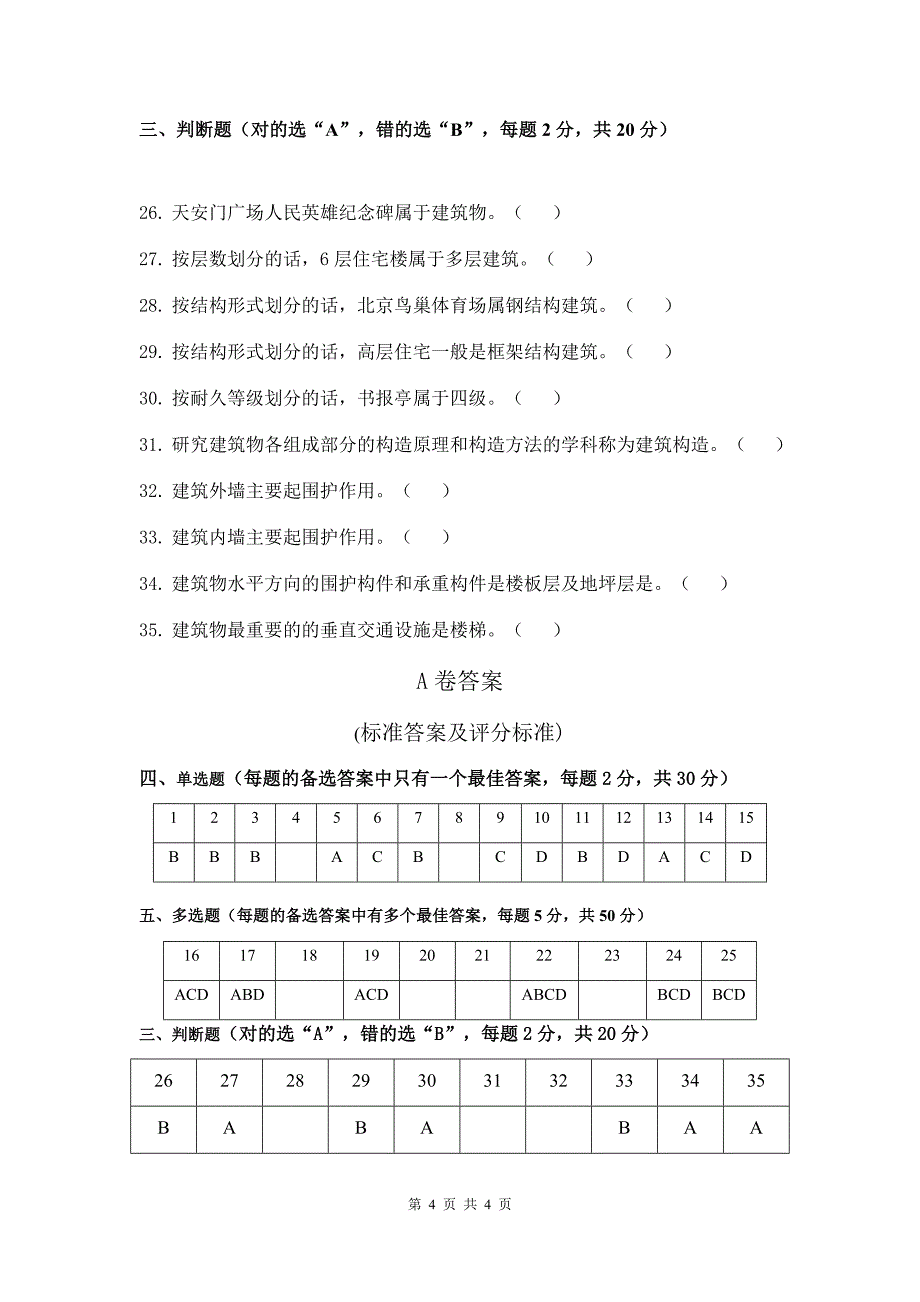 房屋建筑学 试卷 A卷+答案_第4页