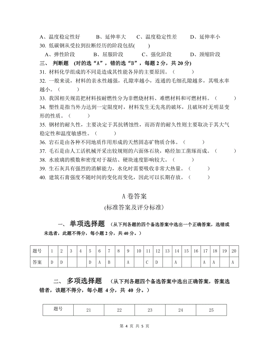 建筑材料 A卷（试卷）+答案_第4页