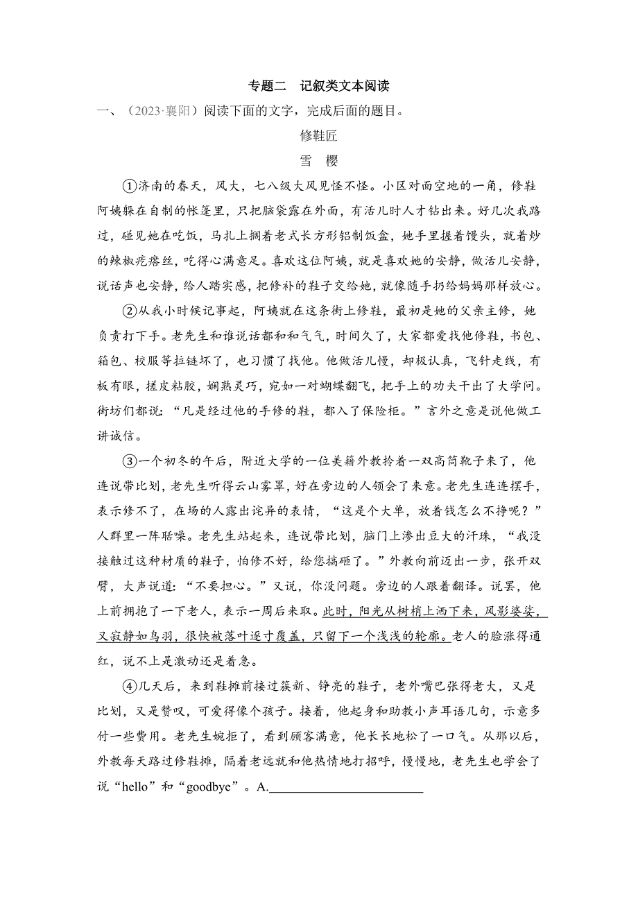 2024初中升学考试语文总复习专题二记叙类文本阅读_第1页