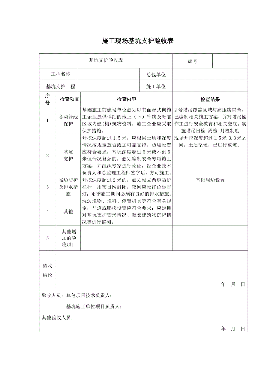 施工现场基坑支护验收表_第1页