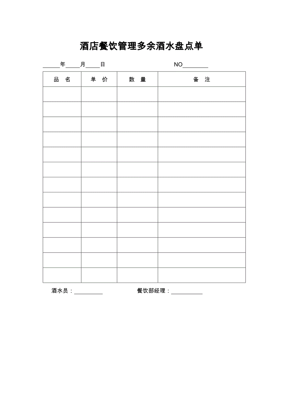 酒店餐饮管理多余酒水盘点单_第1页