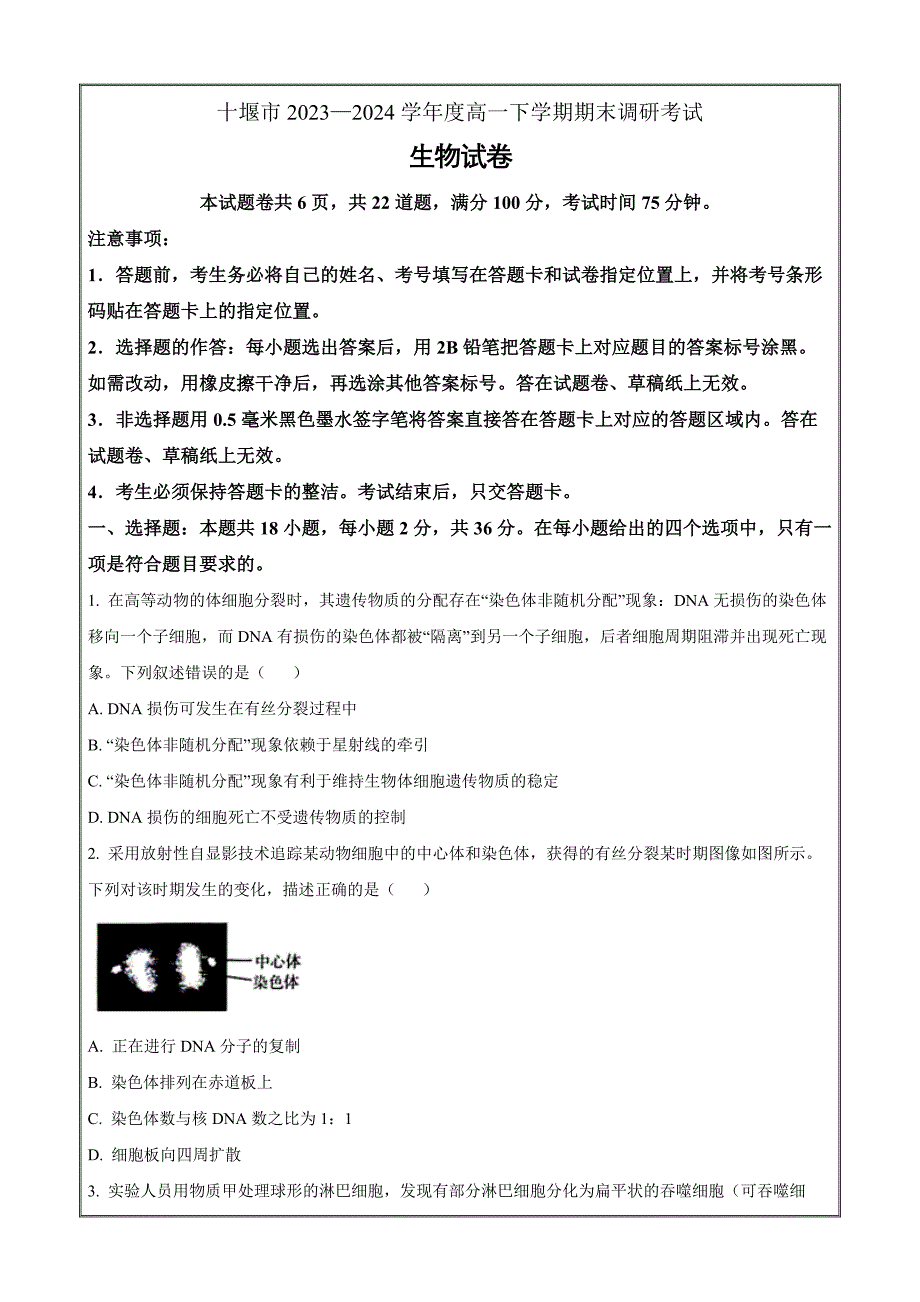 湖北省十堰市2023-2024学年高一下学期6月期末调研考试生物 Word版无答案_第1页