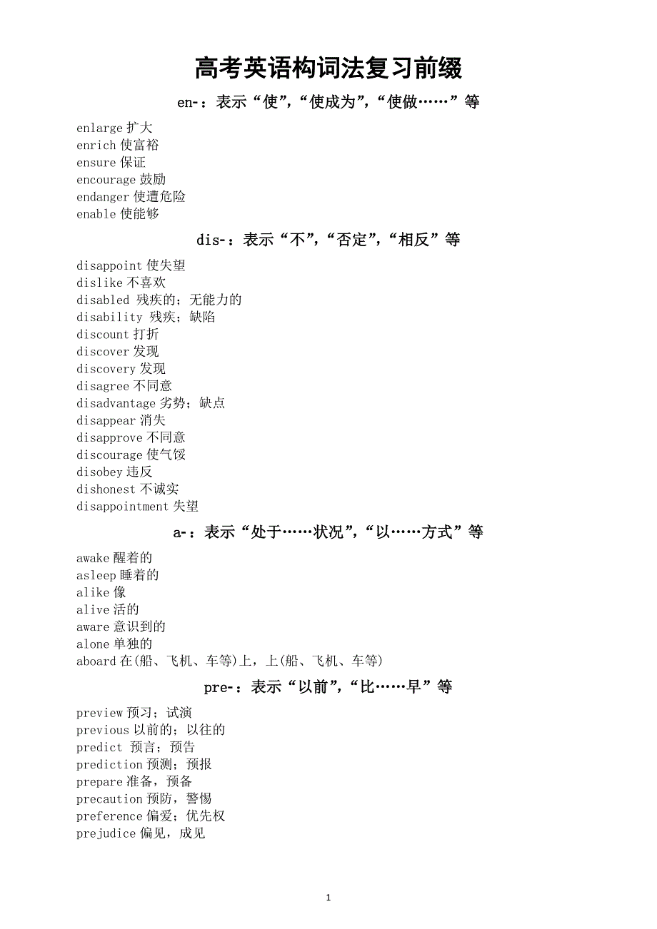 高中英语2025届高考构词法复习前缀汇总_第1页