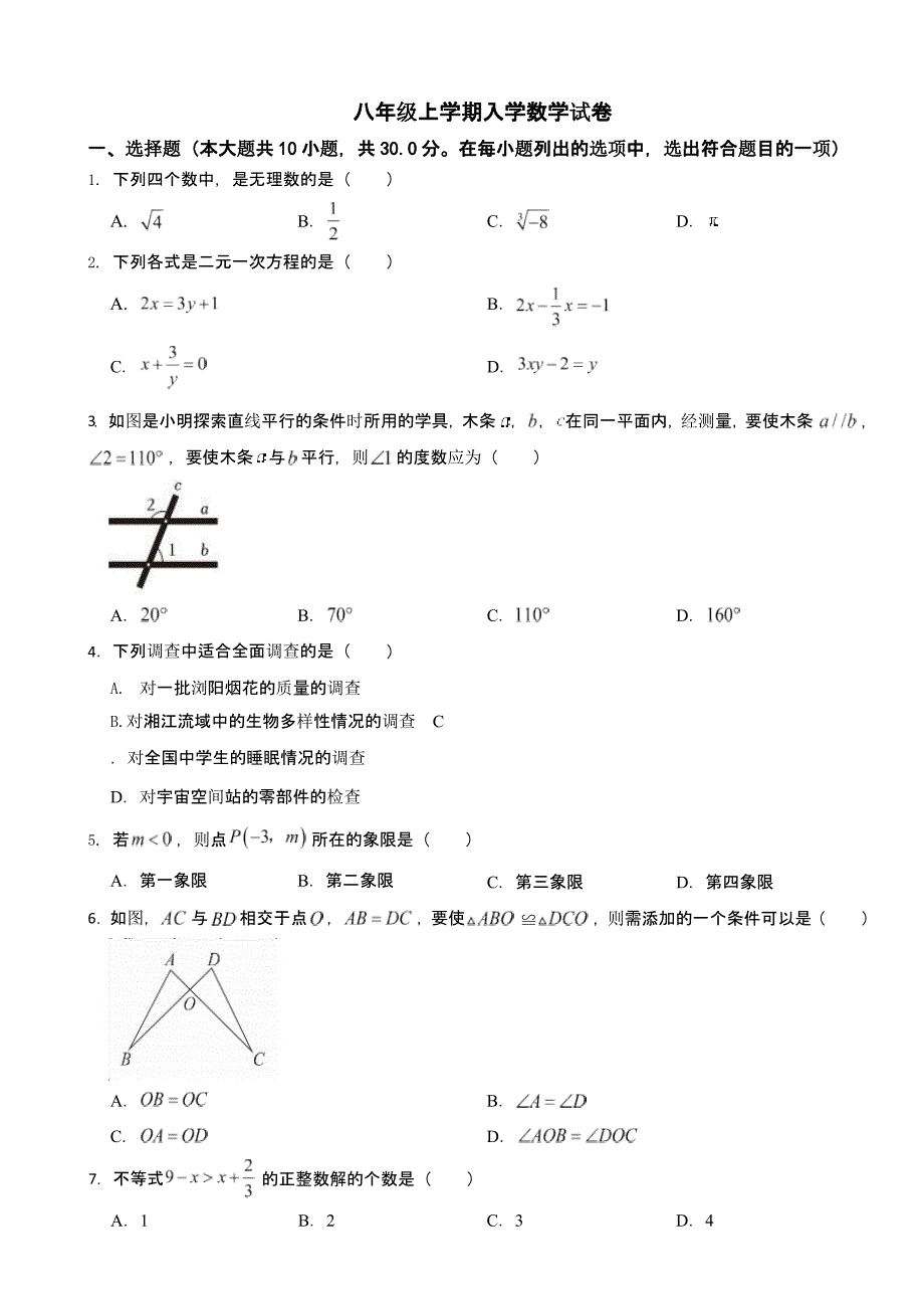 湖南省长沙市2024年八年级上学期入学数学试卷及答案_第1页