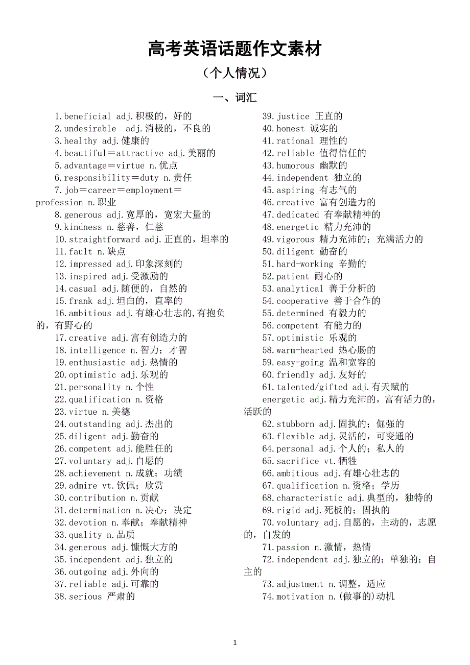 高中英语2025届高考话题作文素材整理系列（个人情况）_第1页