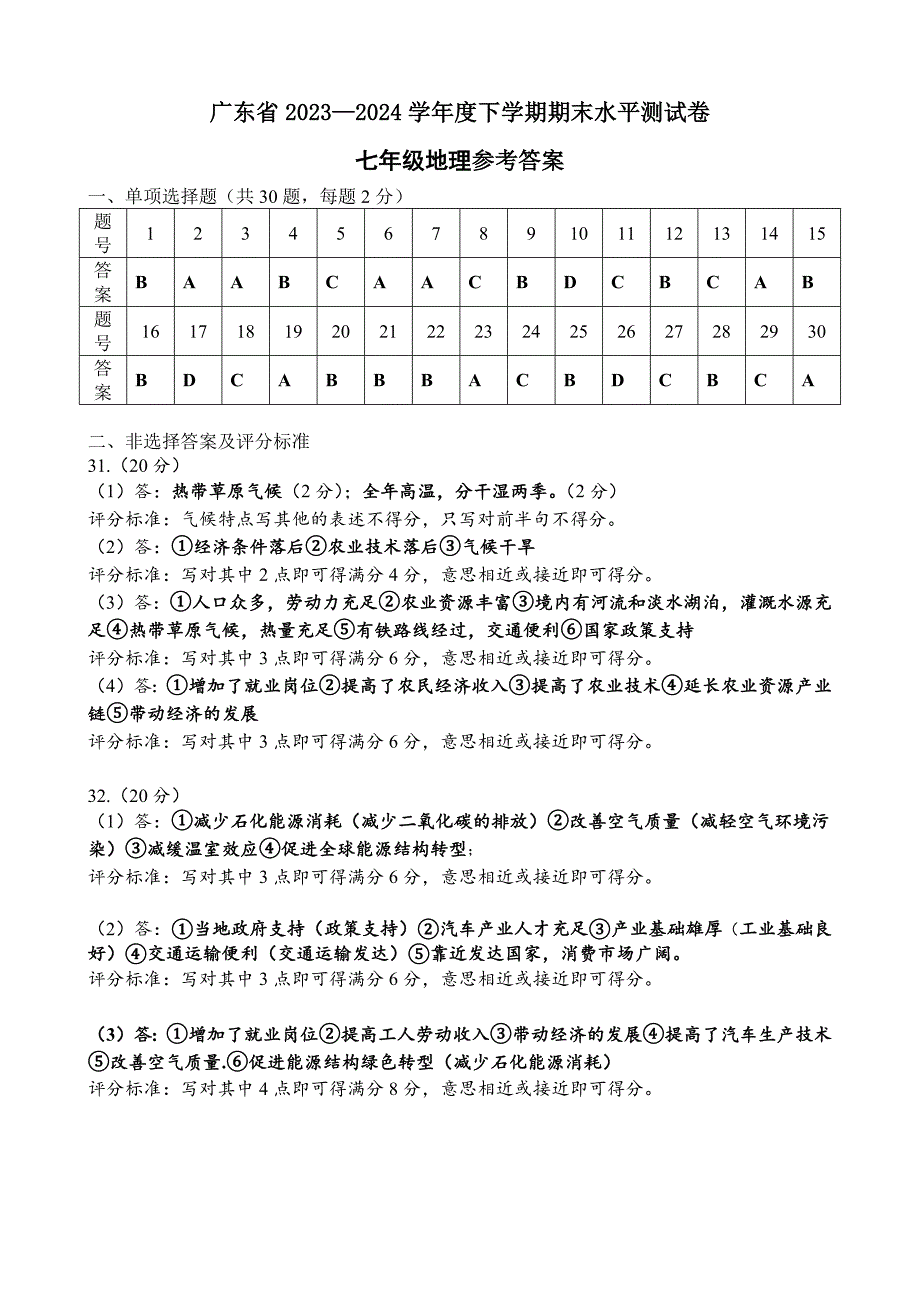 广东省2023-2024学年七下期末地理试题参考答案_第1页