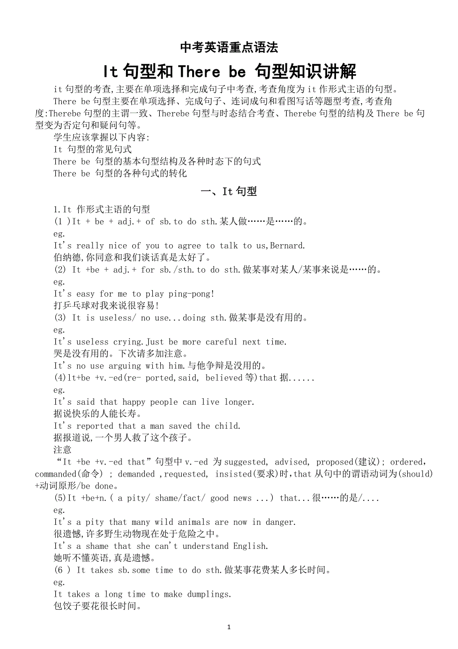 初中英语2024届中考重点语法It句型和There be 句型知识讲解_第1页