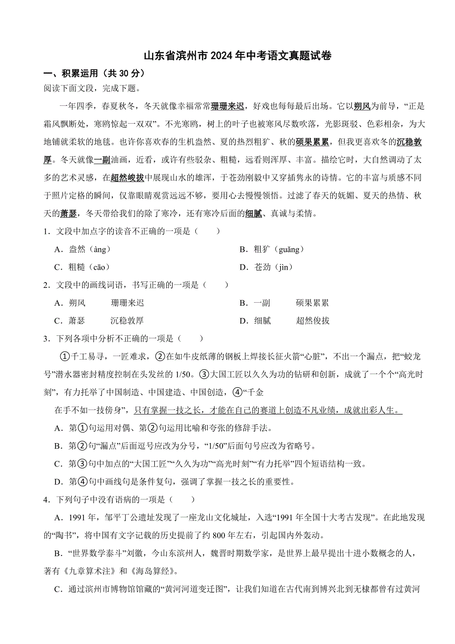 山东省滨州市2024年中考语文真题试卷【附答案】_第1页