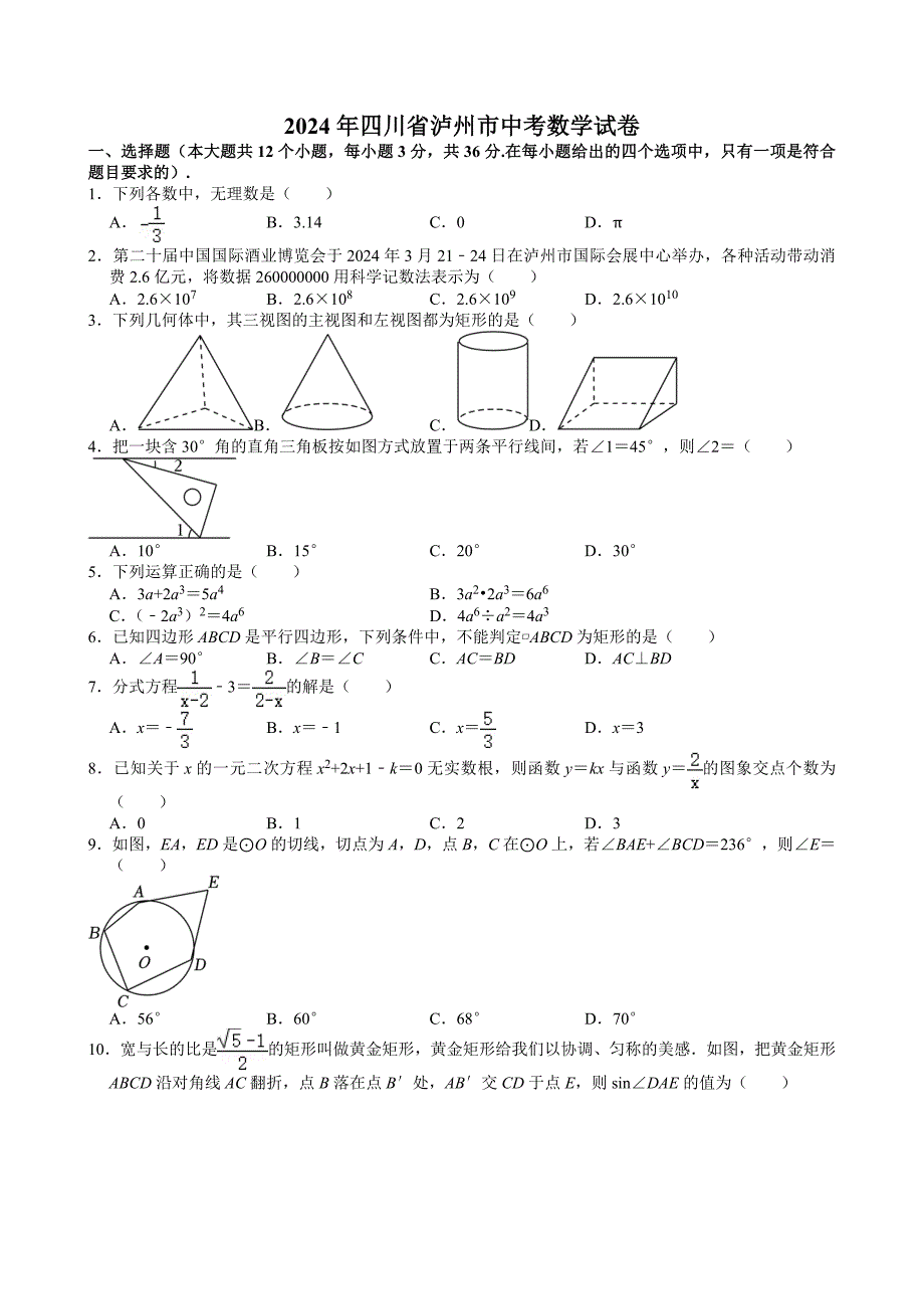 19-2024年四川省泸州市中考数学试卷_第1页