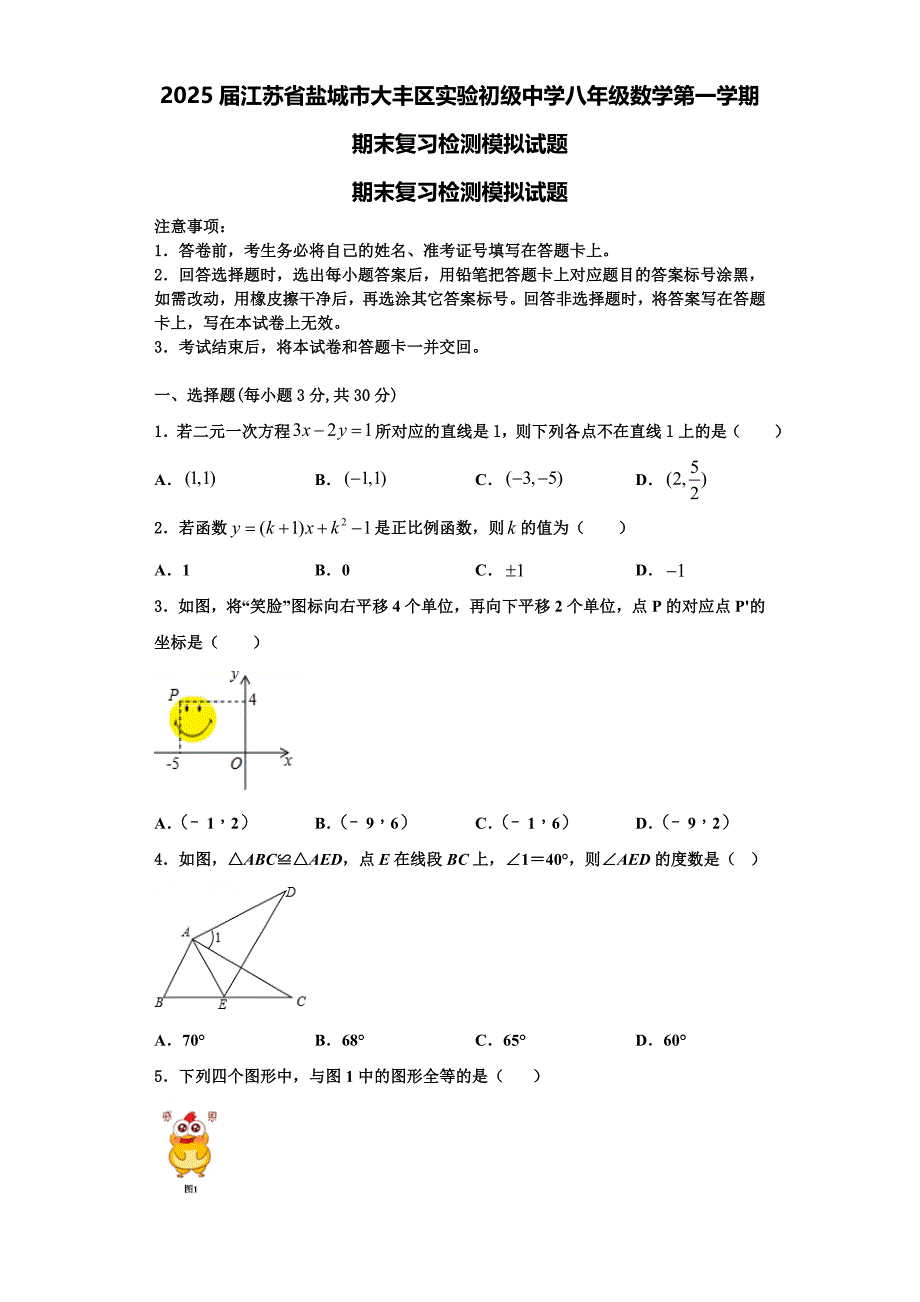 2025届江苏省盐城市大丰区实验初级中学八年级数学第一学期期末复习检测模拟试题含解析_第1页