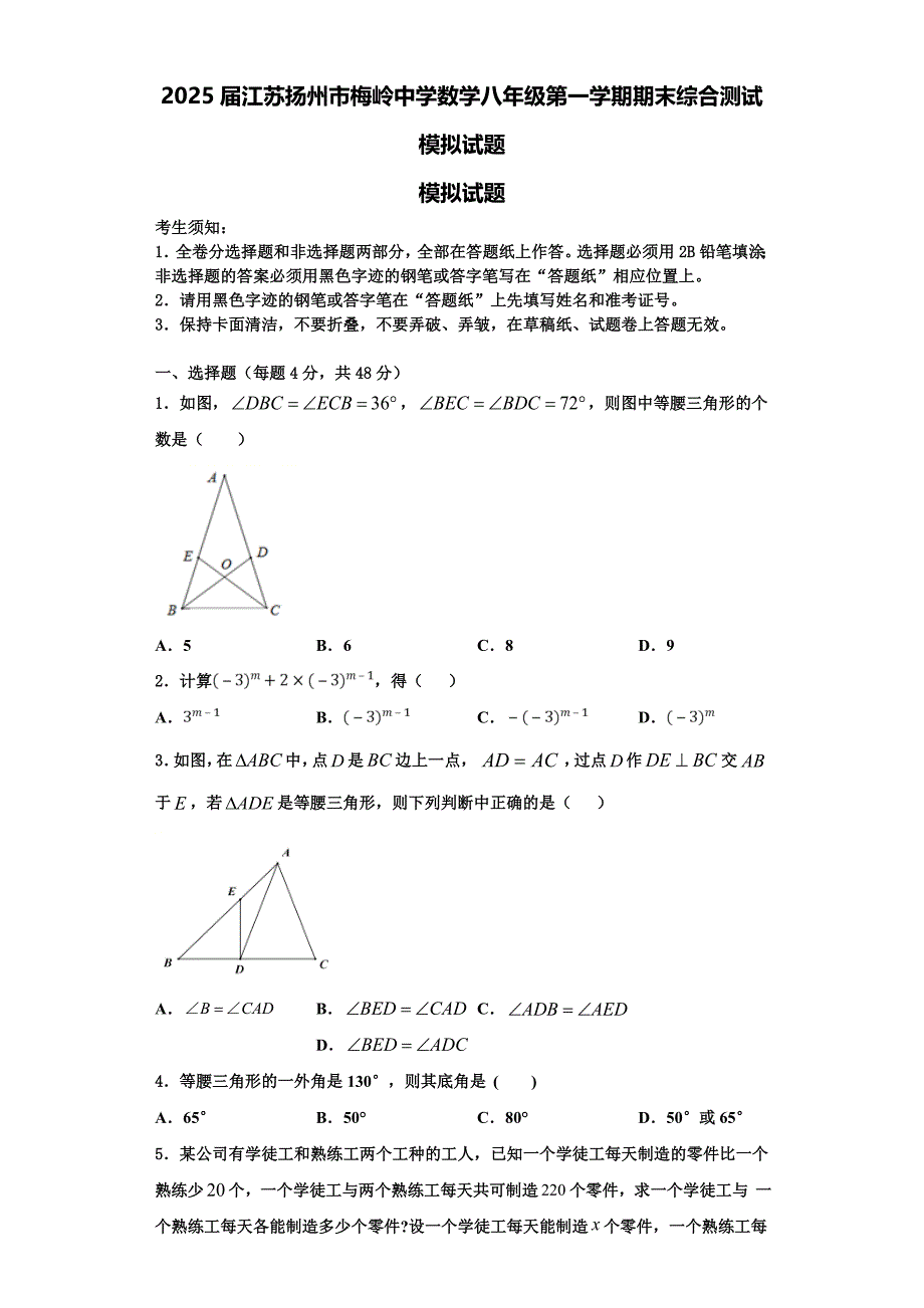 2025届江苏扬州市梅岭中学数学八年级第一学期期末综合测试模拟试题含解析_第1页