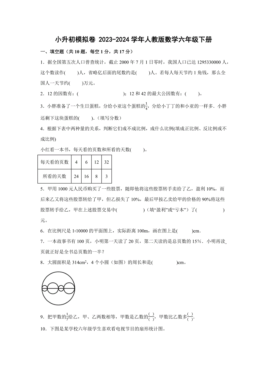 小升初模拟卷 2023-2024学年人教版数学六年级下册_第1页