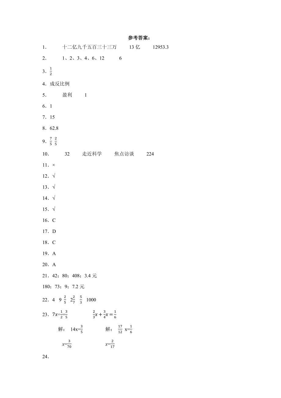 小升初模拟卷 2023-2024学年人教版数学六年级下册_第5页