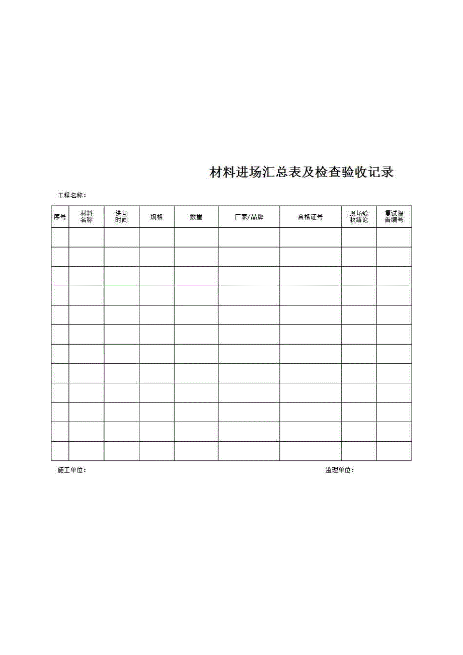 【第三册】土建工程质量控制资料与安全和功能检验资料及主要功能抽查记录《材料进场汇总表及检查验收记录》房建表格_第1页