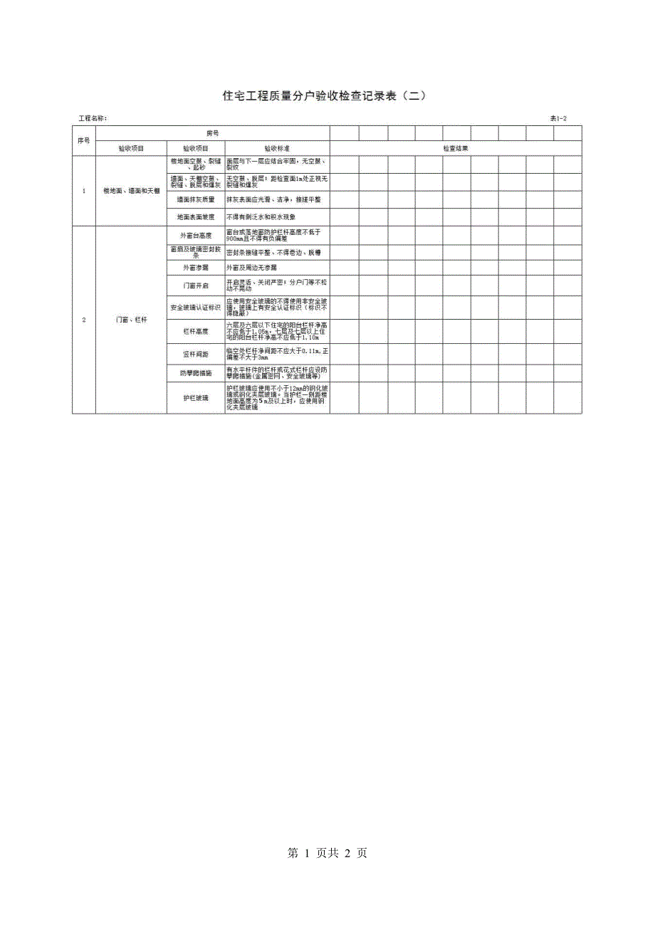 地方住在分户工程验收表《住宅工程质量分户验收检查记录表（二）》房建表格_第1页