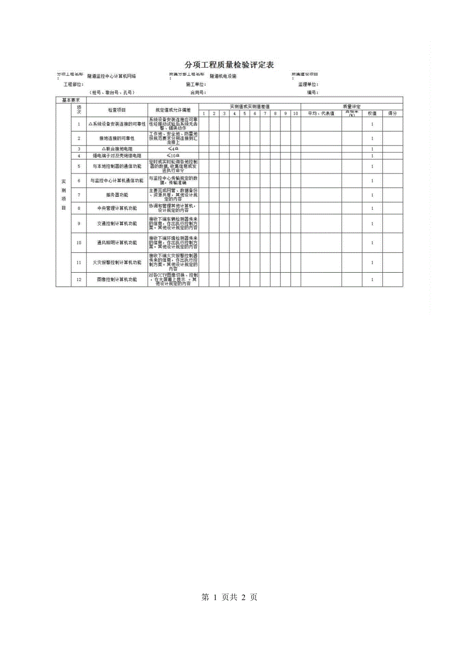 分项工程质量检验评定表(附录J)《隧道监控中心设备及软件质量检验评定表》房建表格_第1页