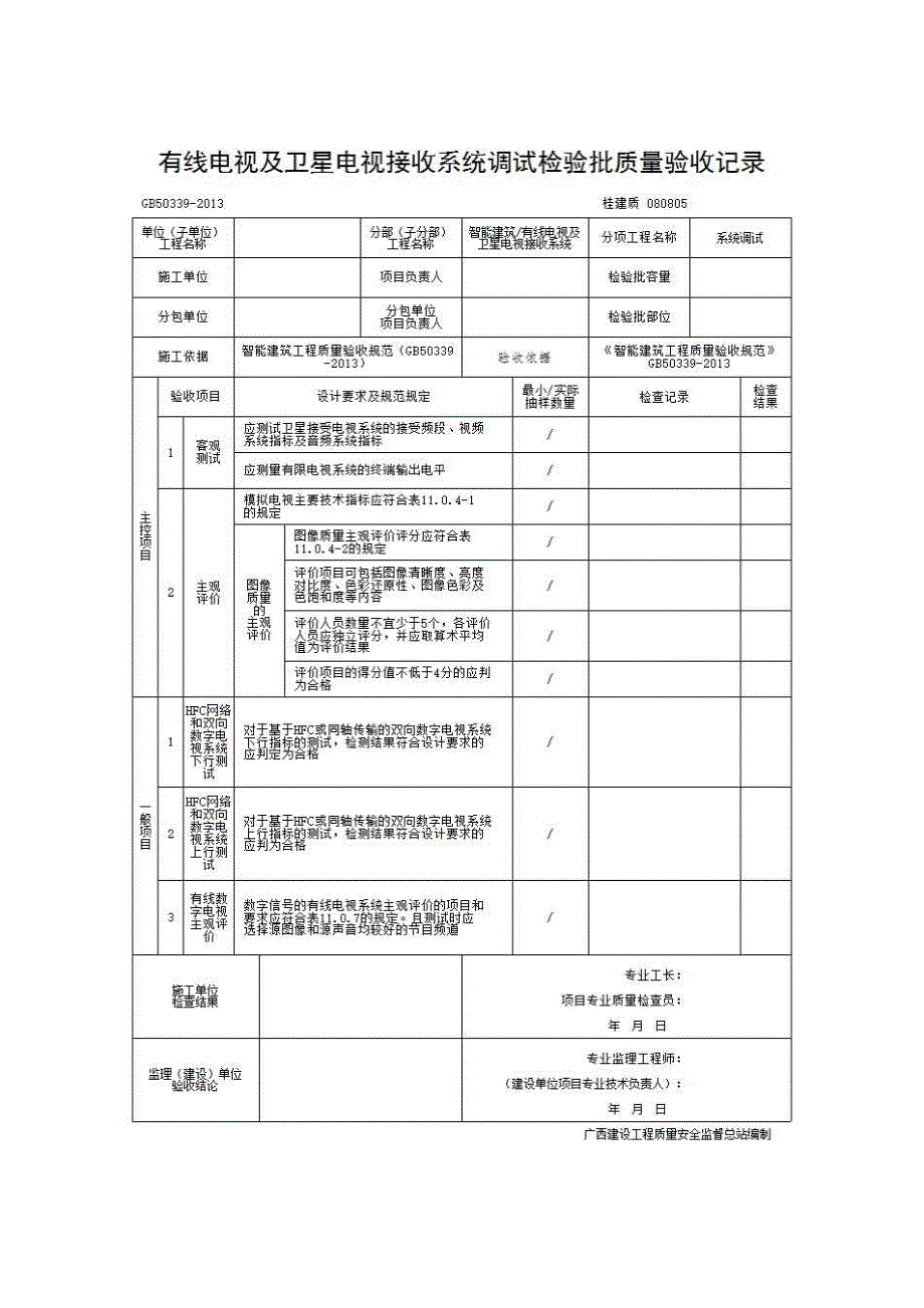 检验批质量验收记录《080805 有线电视及卫星电视接收系统调试检验批质量验收记录》房建表格_第1页