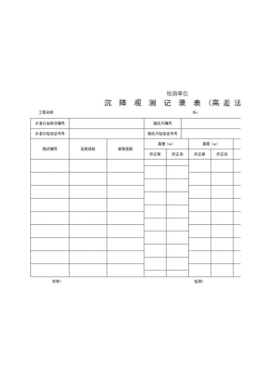 2、报告格式（现场-房建）《沉降观测记录表（高差法）》房建表格_第1页